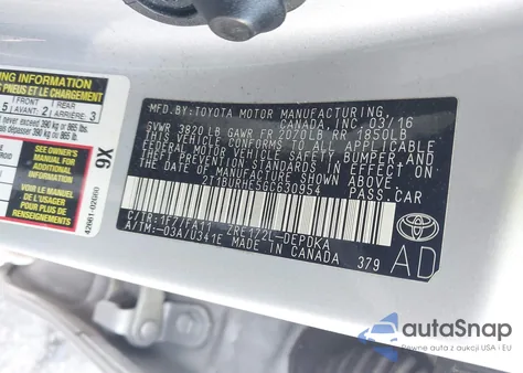 2016 Toyota Corolla L z USA, uszkodzony, nr VIN 2T1BURHE5GC630954